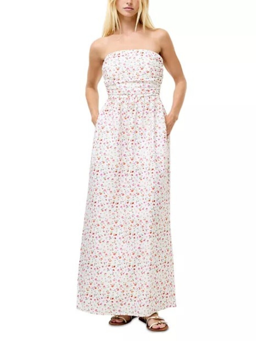 NWT French Connection Summer White Nomi Cotton Ruched Midi Strapless Dress 6